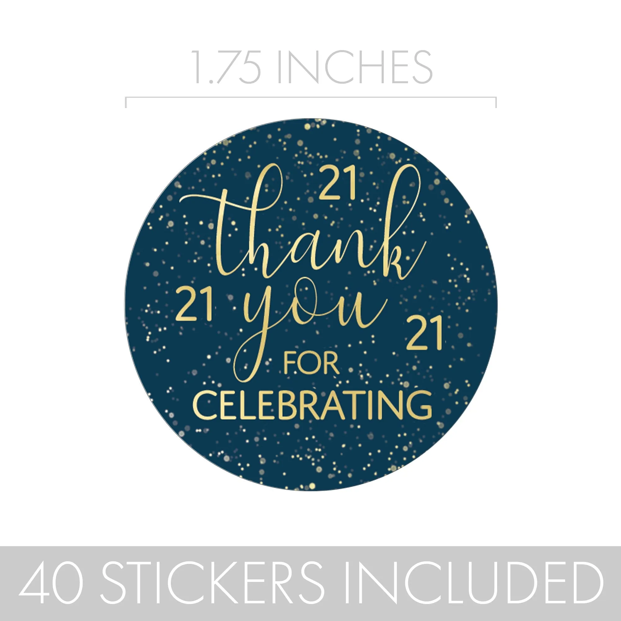 21st Birthday: Navy Blue & Gold - Adult Birthday -Thank You Stickers - 40 Stickers