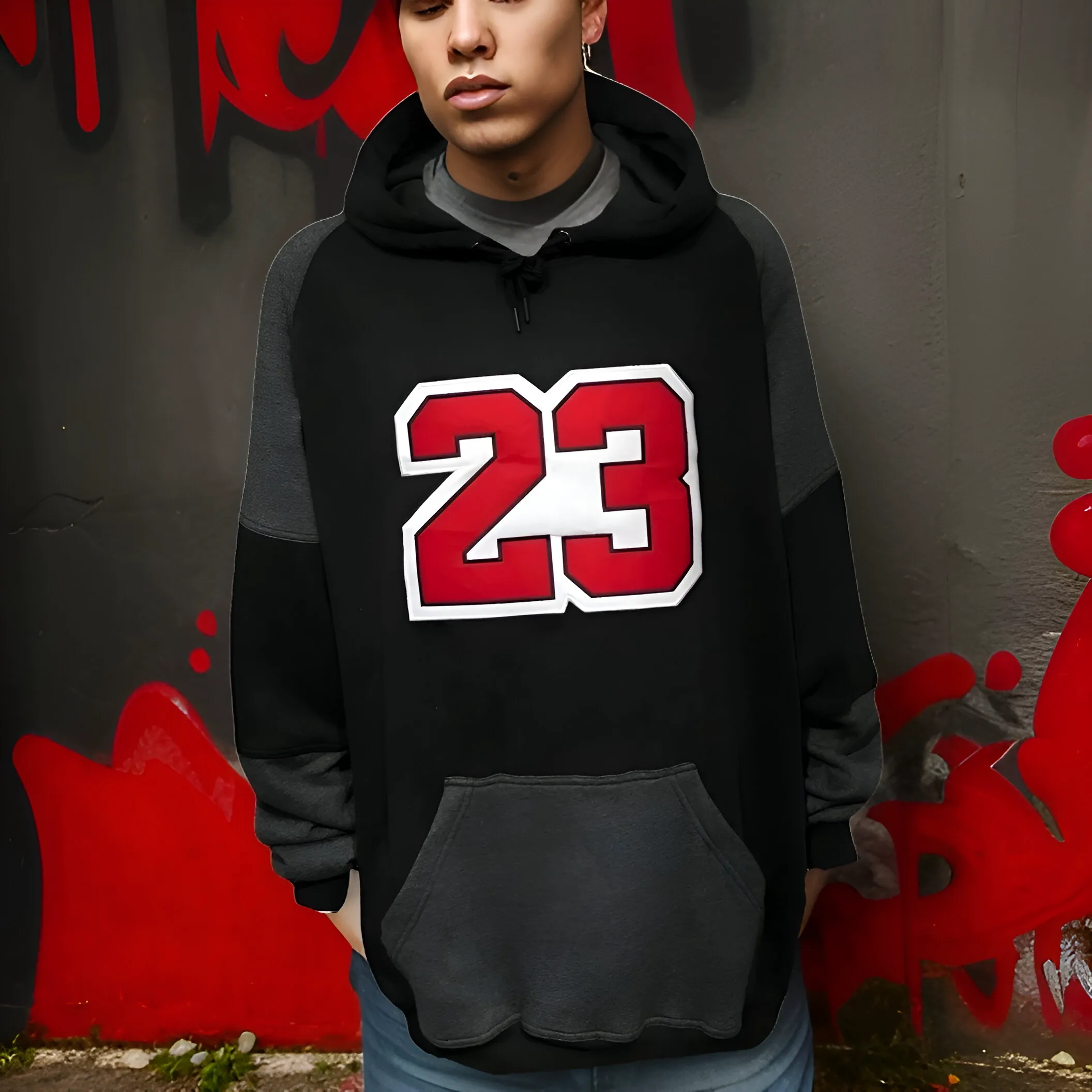 ^23^ (BLACK-DARK GREY) LUXURY PULLOVER HOODIES (CUT & SEW)