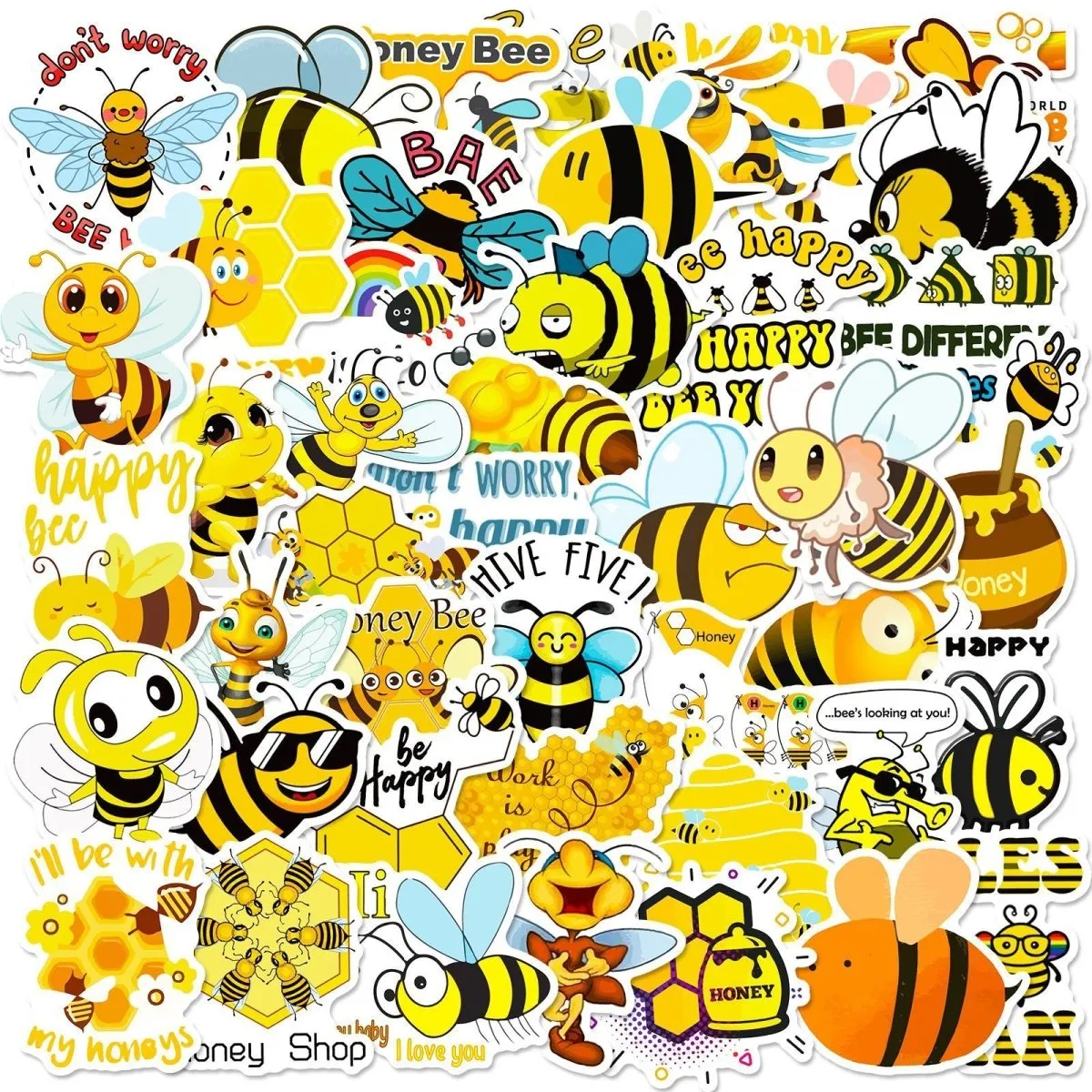 (50 pcs) Bee Stickers Honey Bee Waterproof Vinyl Stickers for Laptop Water Bottle Phone Case Scrapbooking Party Bag Fillers