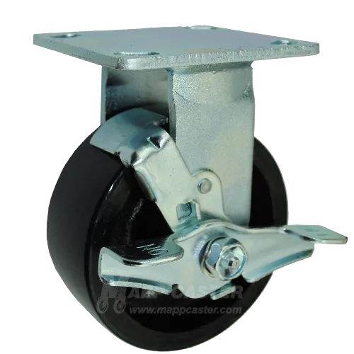 5" x 2" Polyurethane on Iron Wheel Rigid Brake Caster - 1,250 Lbs Capacity