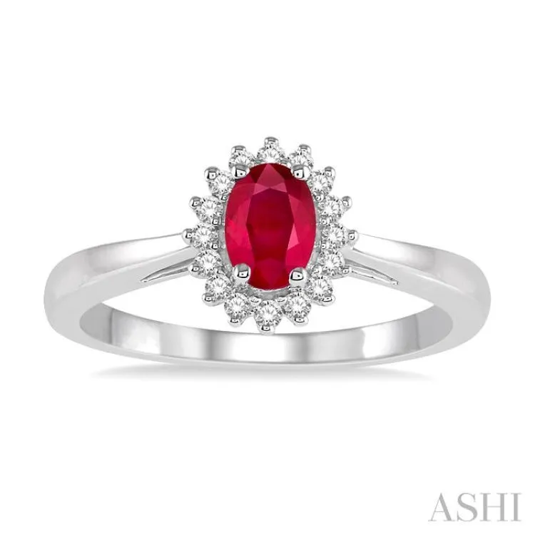 6X4MM Oval Cut Ruby Center and 1/8 Ctw Round Cut Diamond Halo Precious Stone Ring in 10K White Gold