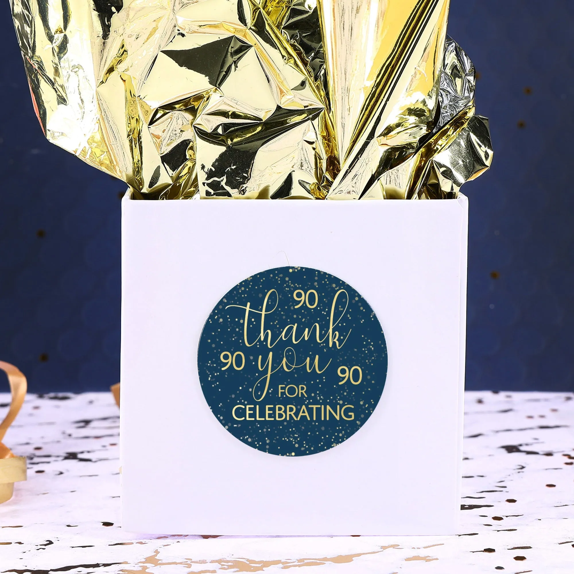 90th Birthday: Navy Blue & Gold - Adult Birthday - Thank You Stickers