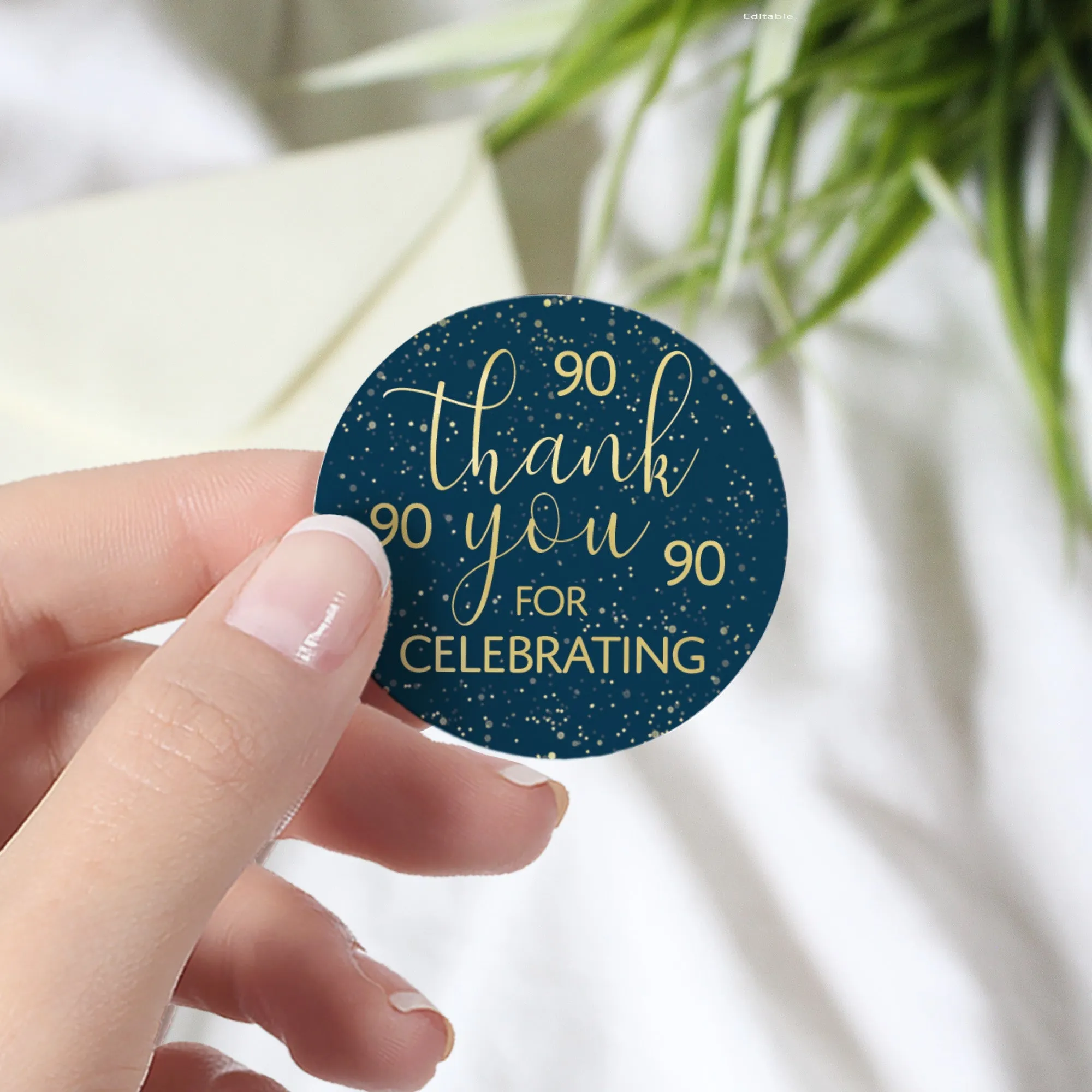 90th Birthday: Navy Blue & Gold - Adult Birthday - Thank You Stickers