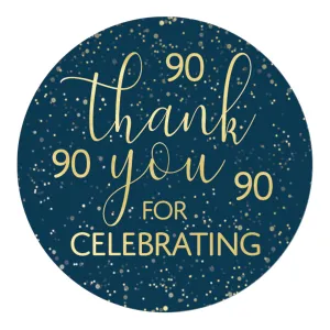 90th Birthday: Navy Blue & Gold - Adult Birthday - Thank You Stickers