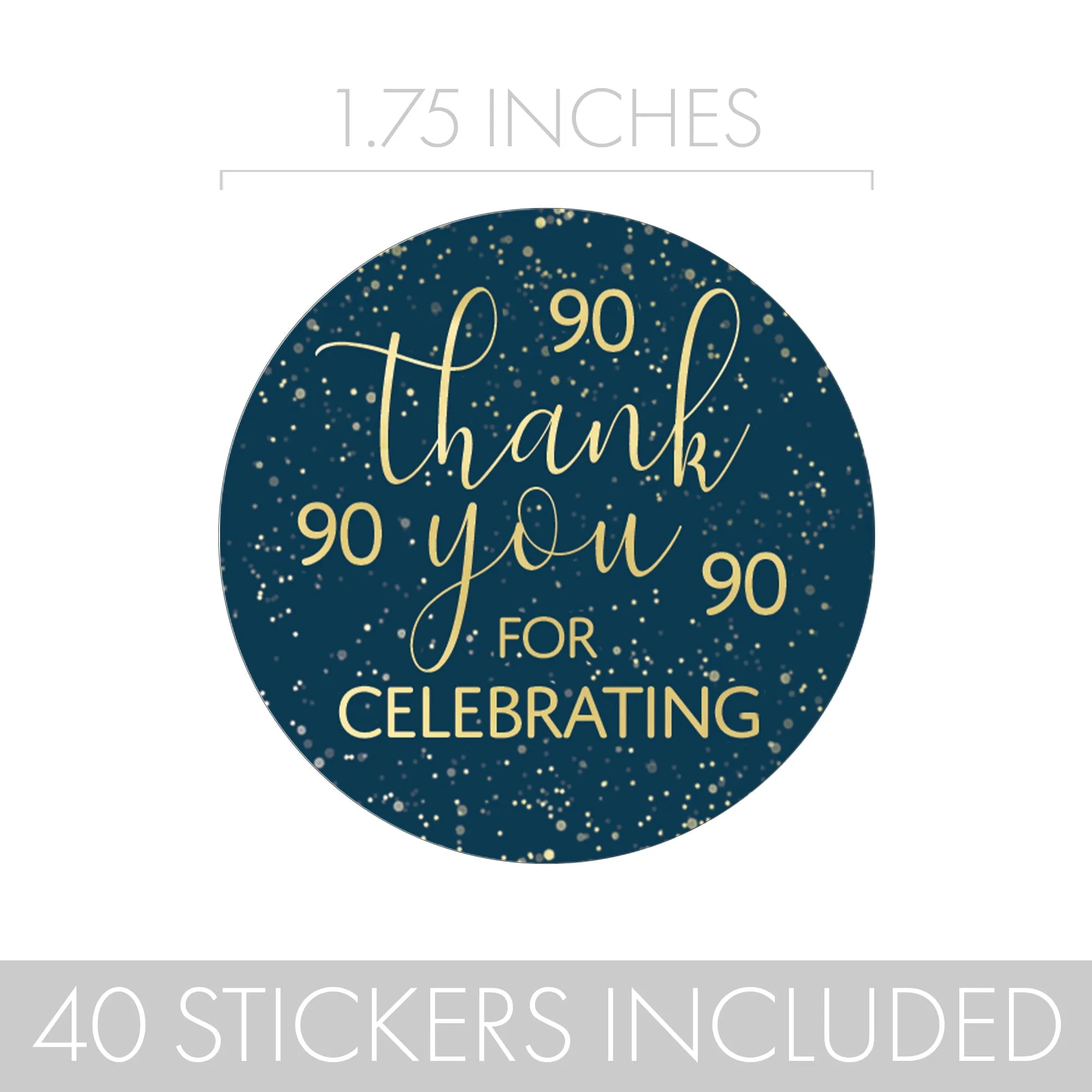 90th Birthday: Navy Blue & Gold - Adult Birthday - Thank You Stickers