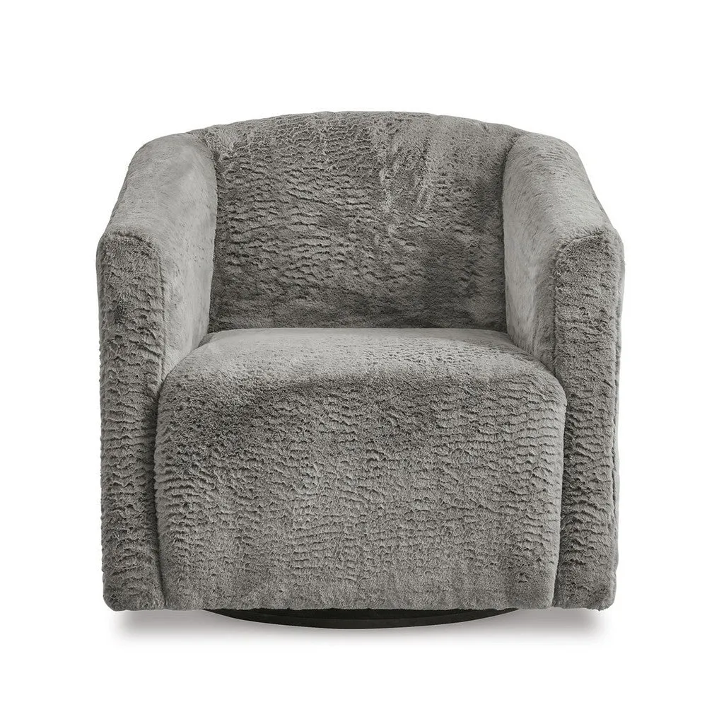 Amanora Accent Chair, Charcoal Gray Faux Rabbit Fur Polyester, Black Metal By Casagear Home