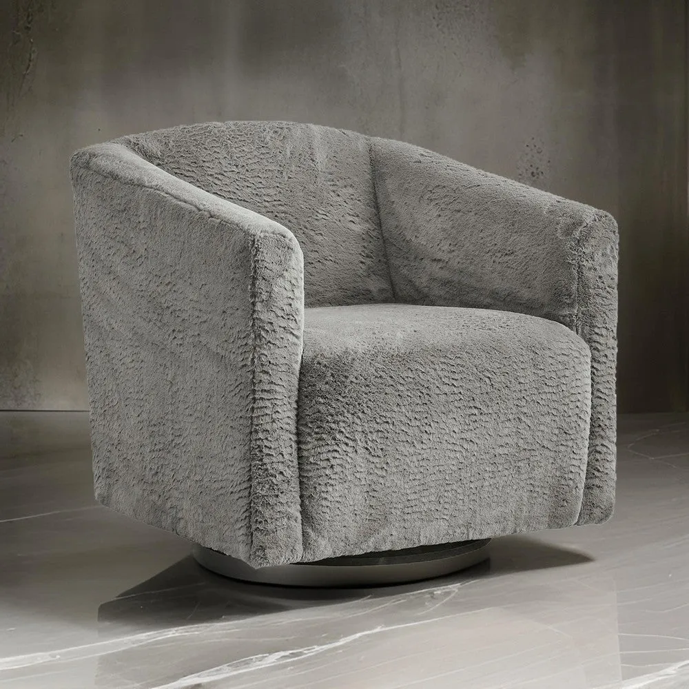 Amanora Accent Chair, Charcoal Gray Faux Rabbit Fur Polyester, Black Metal By Casagear Home