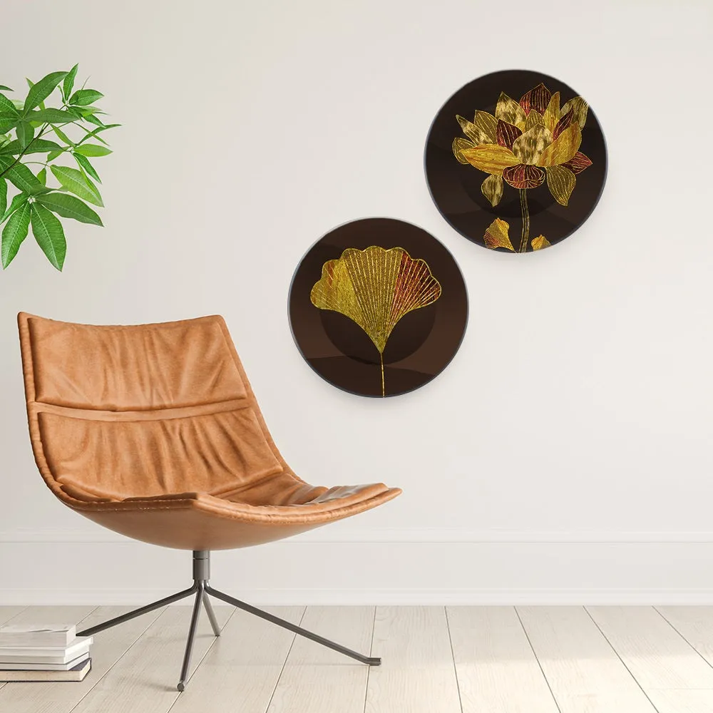 Beautiful Golden Lotus Flower Wall Hanging Plates of Two Pieces