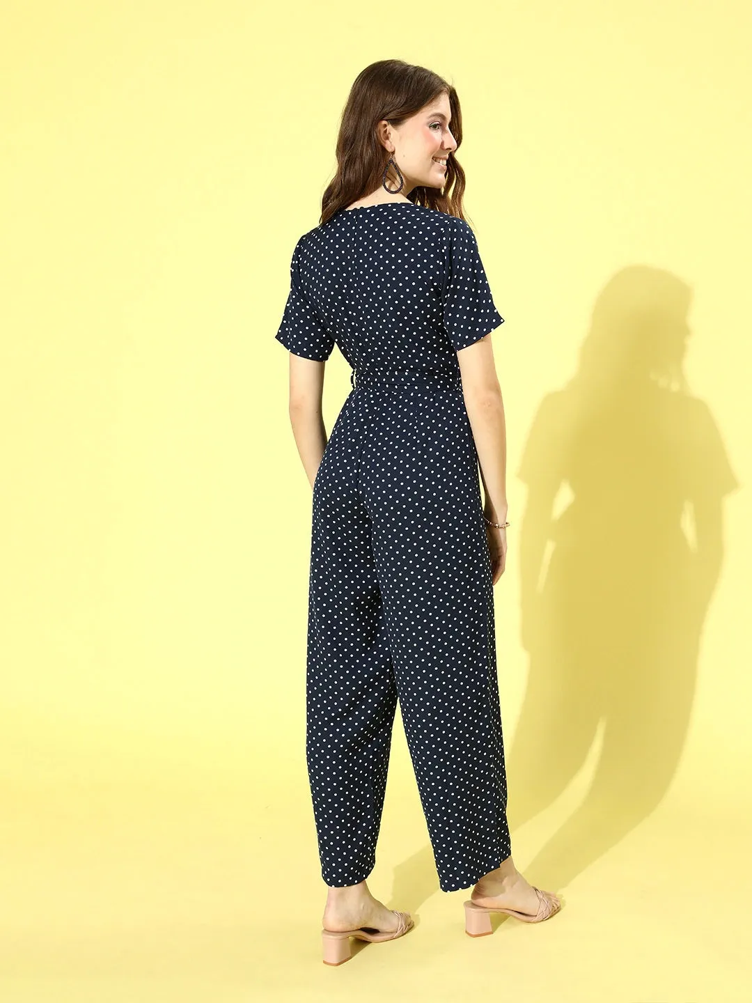 Berrylush Women Navy Blue & White Polka Dot Printed Shawl Neck Culotte Jumpsuit