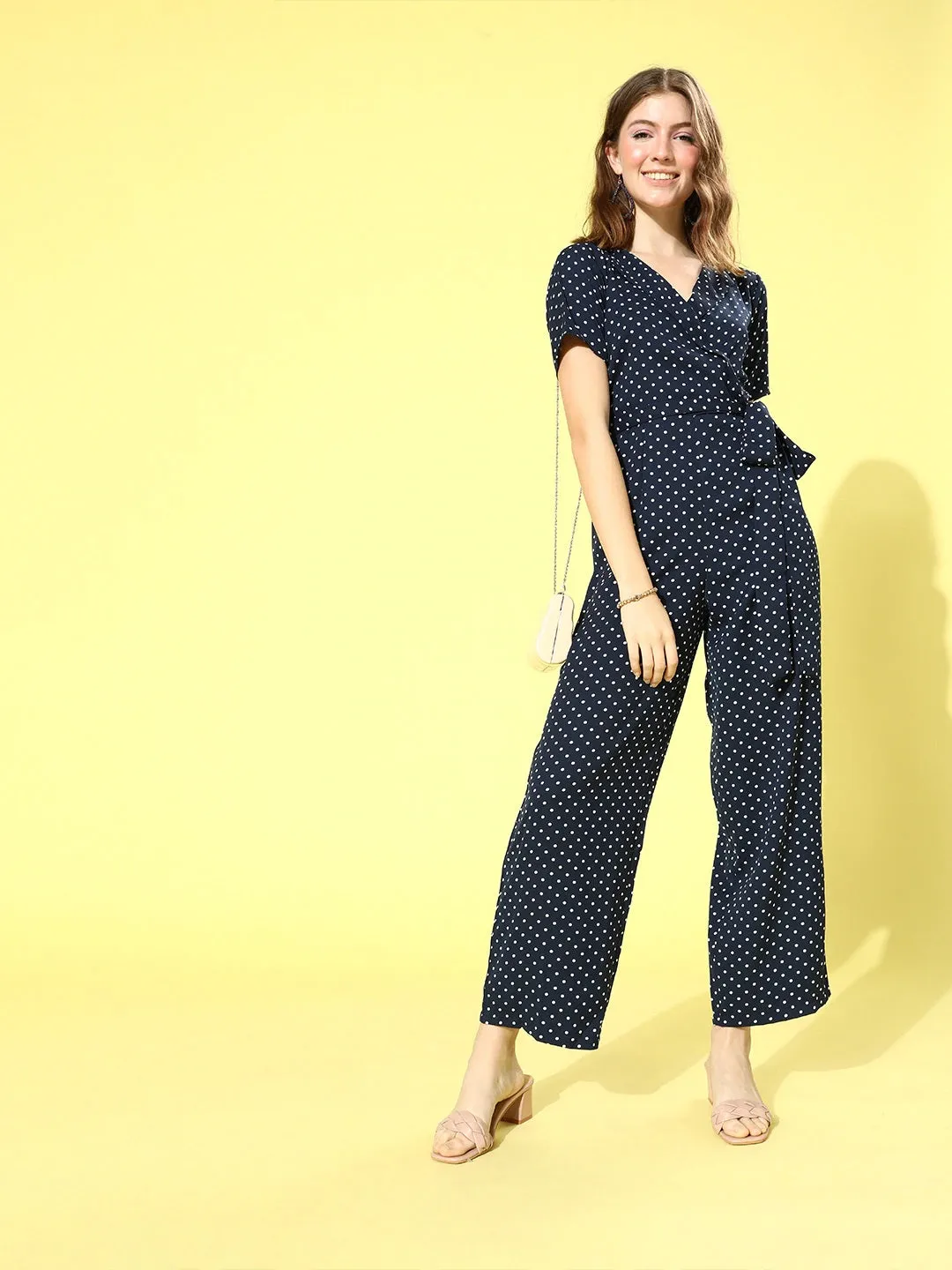 Berrylush Women Navy Blue & White Polka Dot Printed Shawl Neck Culotte Jumpsuit