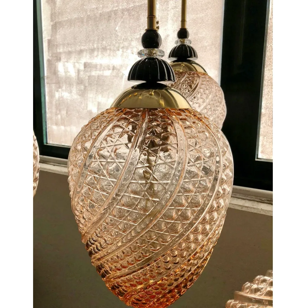 Bespoke Italian Round Black and Pink Crystal Murano Glass Brass Pendant Light