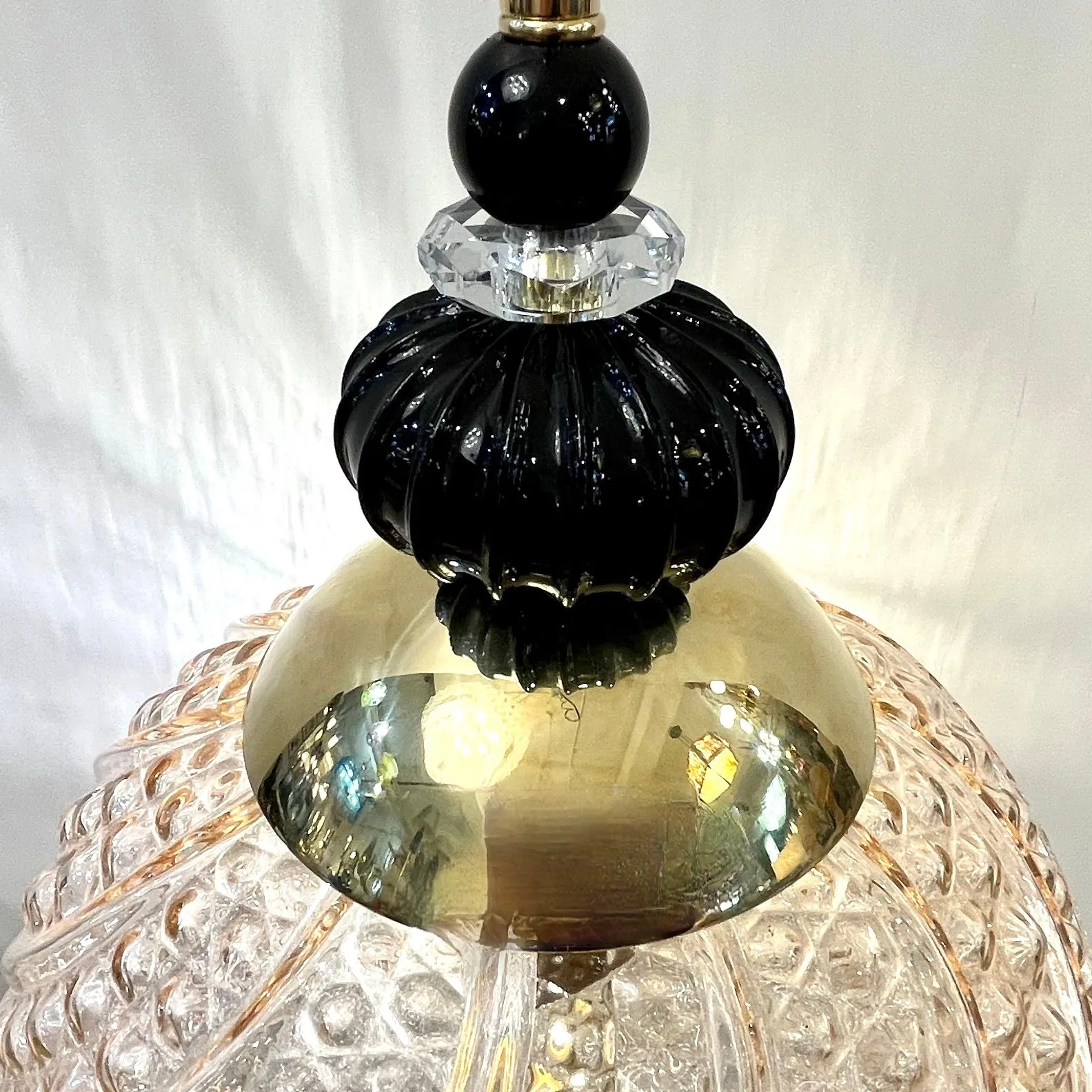 Bespoke Italian Round Black and Pink Crystal Murano Glass Brass Pendant Light