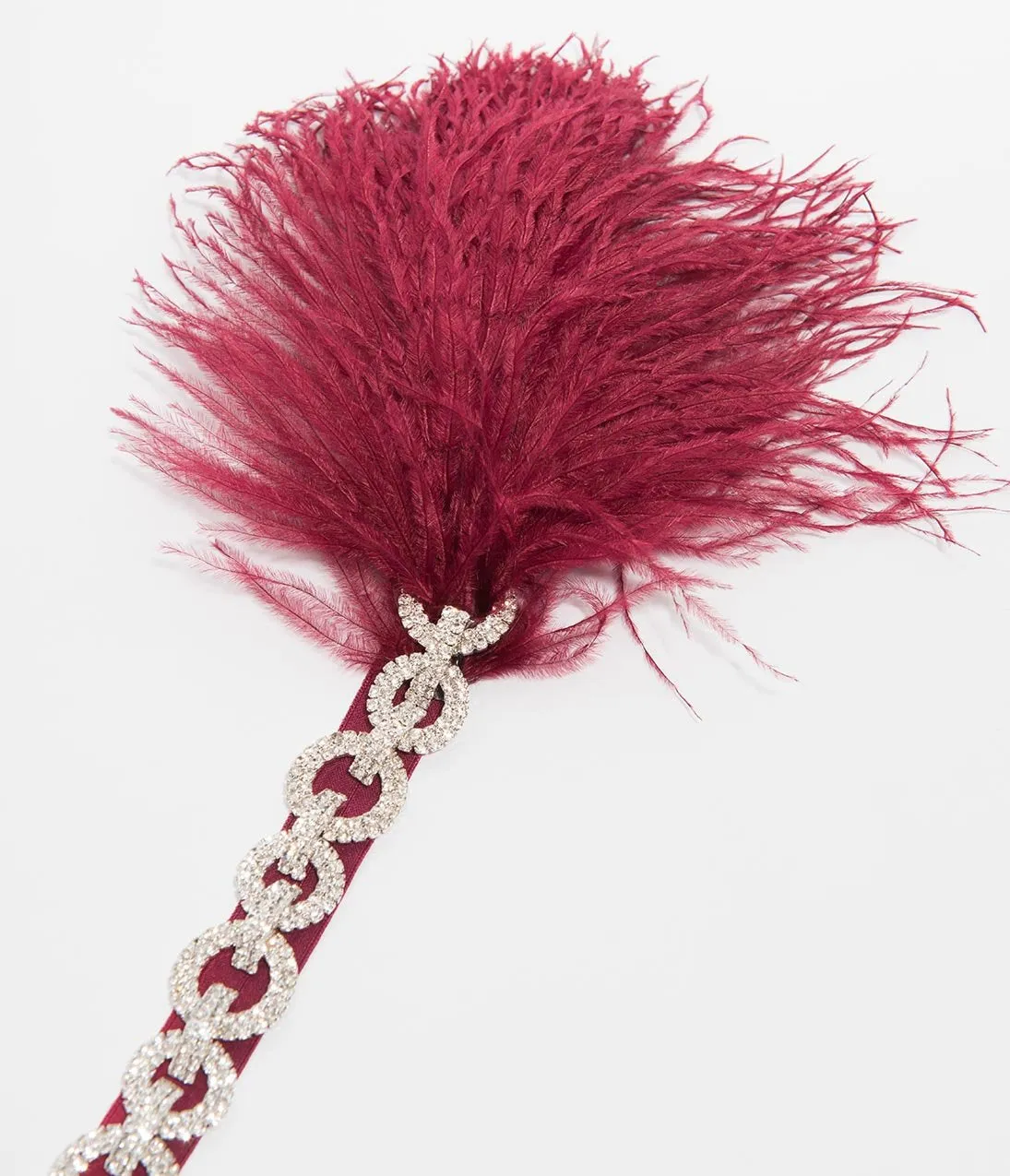 Burgundy Feather & Silver Linked Rhinestones Channel Flapper Headband