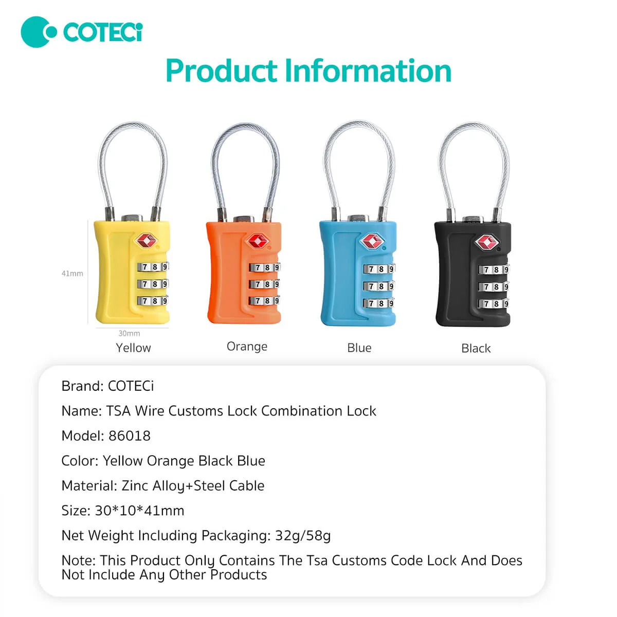 COTECi TSA Approved Luggage Lock 3 Dial Combination - 86018