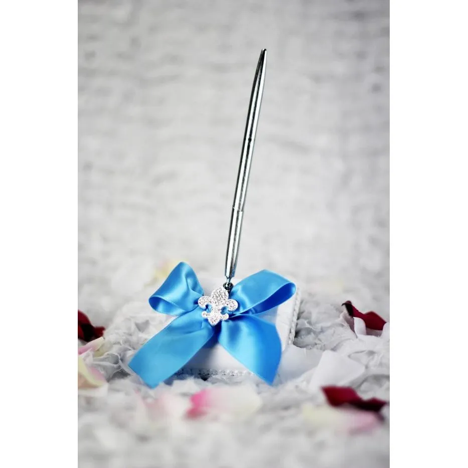 Crystal Fleur de Lis Ribbon Wedding Guestbook and Pen Set- Custom Colors!