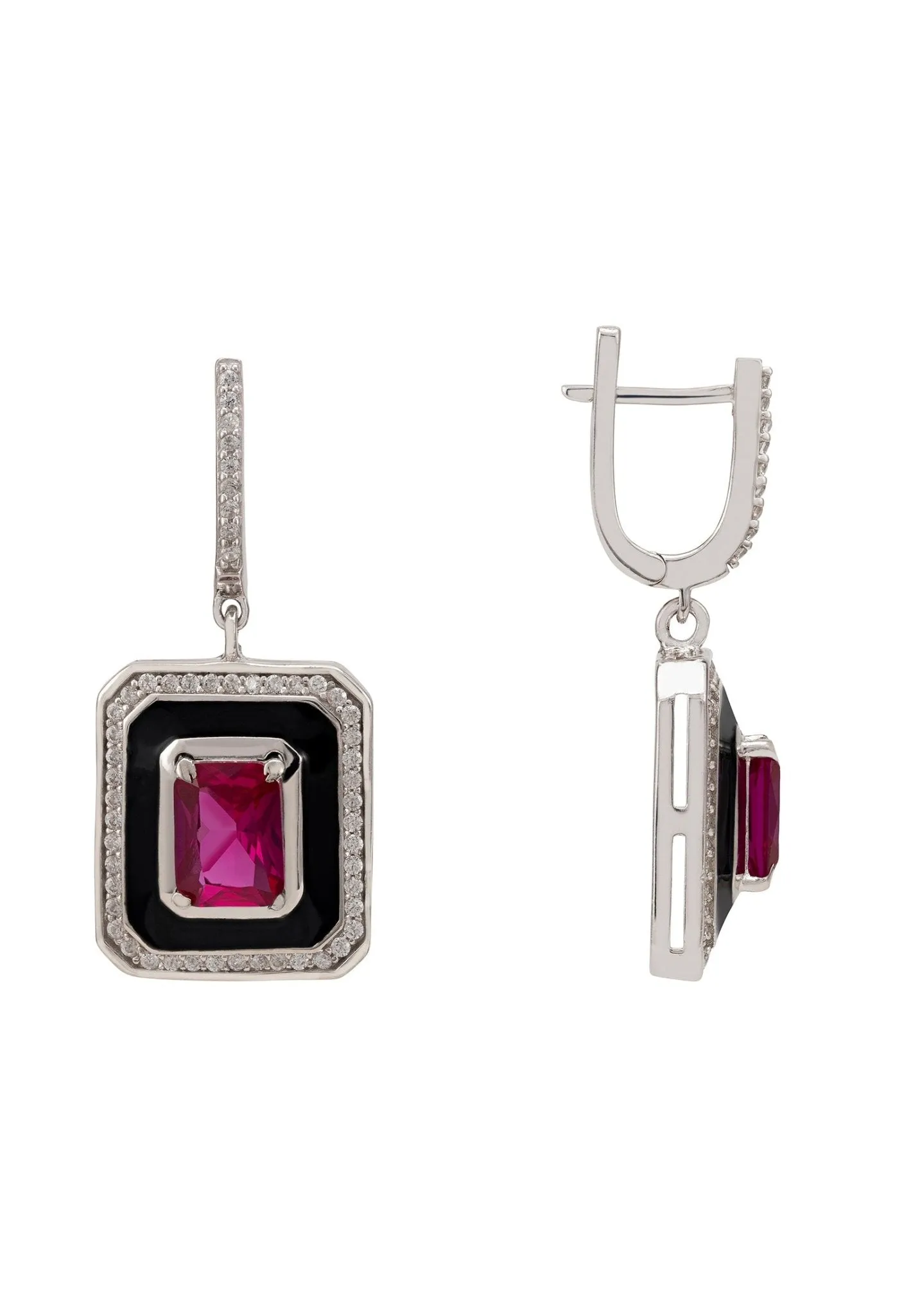 Deco Ruby & Enamel Earrings Silver