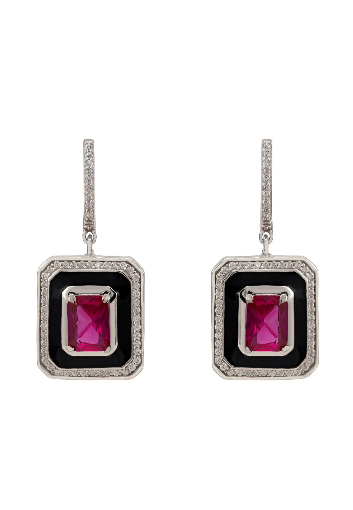 Deco Ruby & Enamel Earrings Silver