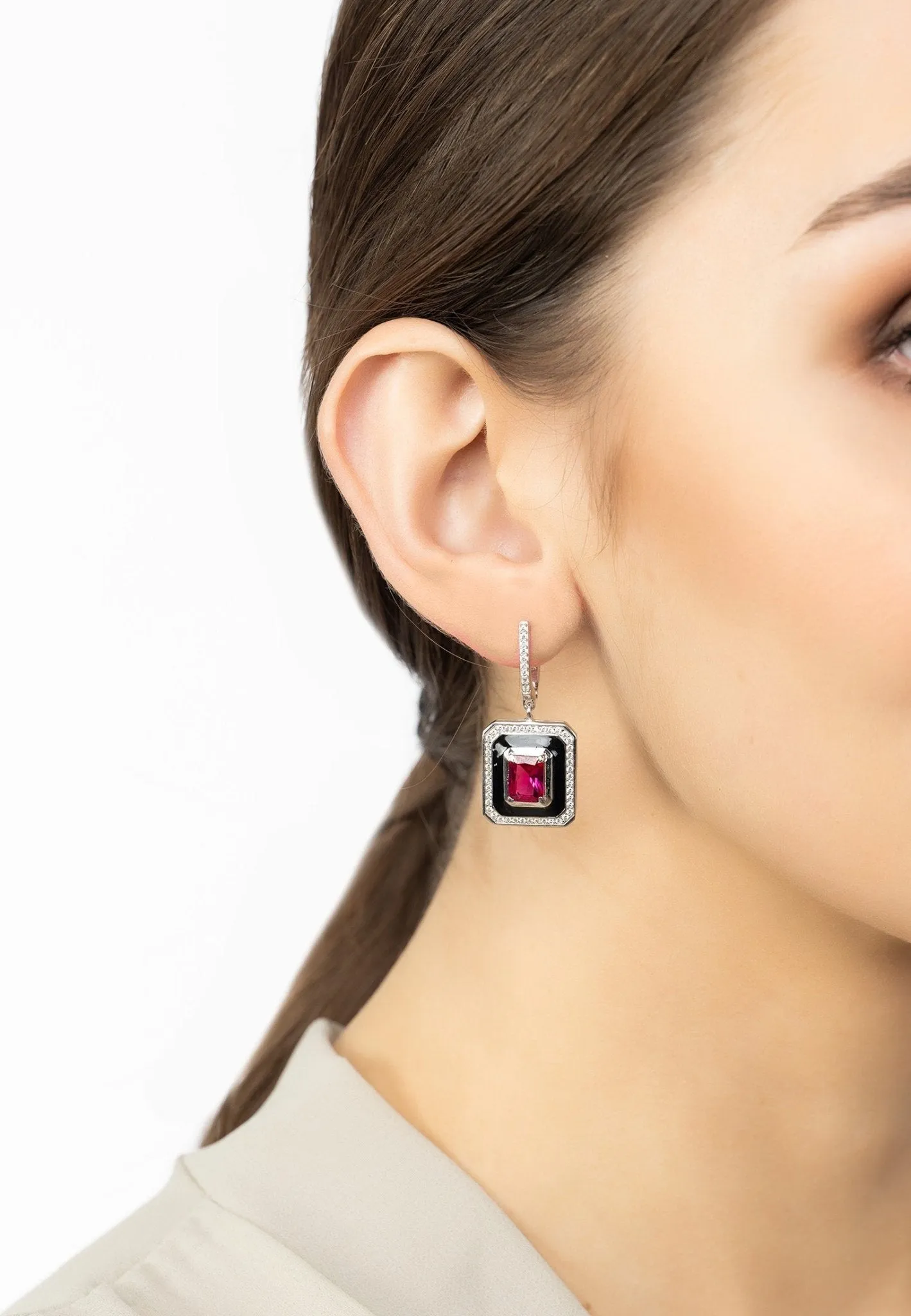 Deco Ruby & Enamel Earrings Silver