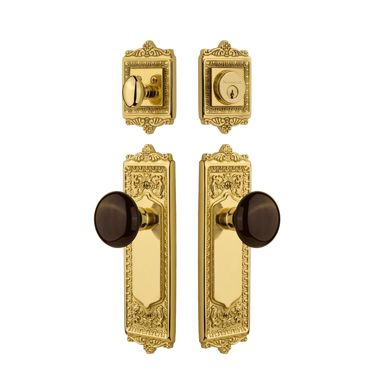 Egg & Dart Entry Set with Brown Porcelain Knob in Polished Brass