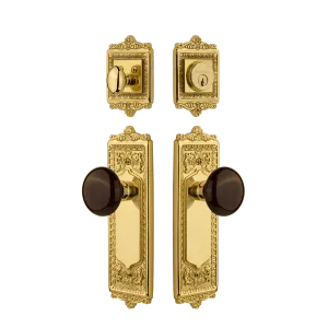 Egg & Dart Entry Set with Brown Porcelain Knob in Polished Brass