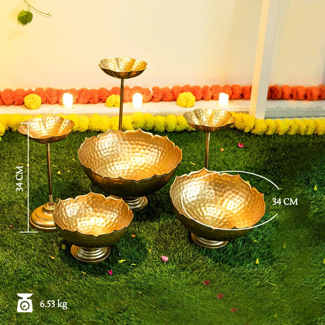 Ekhasa Big Combo Pack Taj Urli Bowl Stand & Tealight Holder for Home Decor | Floating Flowers Water Bowl Decorative Items (3 Bowls 3 Stands 1 Tealight Holder) for Diwali Pooja, Festivals Decoration