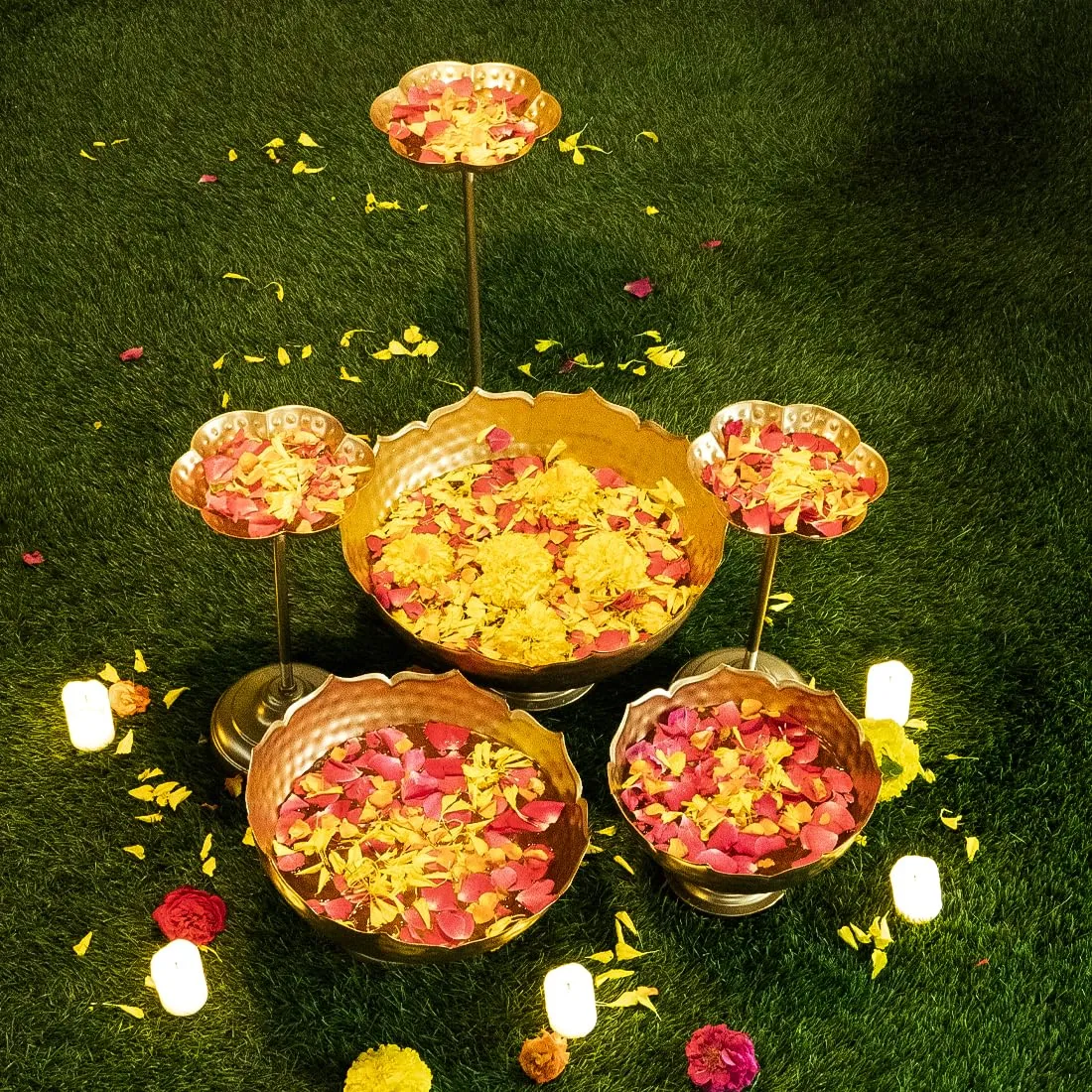 Ekhasa Big Combo Pack Taj Urli Bowl Stand & Tealight Holder for Home Decor | Floating Flowers Water Bowl Decorative Items (3 Bowls 3 Stands 1 Tealight Holder) for Diwali Pooja, Festivals Decoration