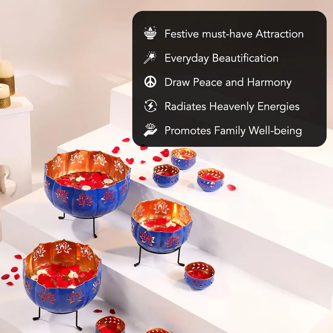 Ekhasa Big Combo Pack Urli Bowl Set with Stand for Home Decor and Decorative Items (includes 3 Bowls, 3 Stands, 7 Tealight Holders) | Floating Flowers Water Bowl for Diwali Pooja, Festival Decoration