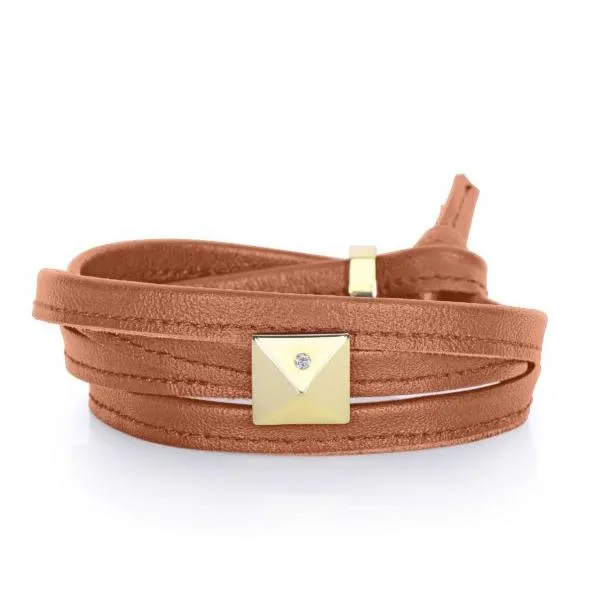 Genuine Multi Wrap Luggage Brown Leather Bracelet with Goldtone Pyramid Stud