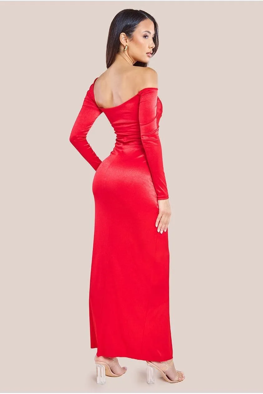 Goddiva Slinky Satin One Shoulder Split Maxi Dress - Red