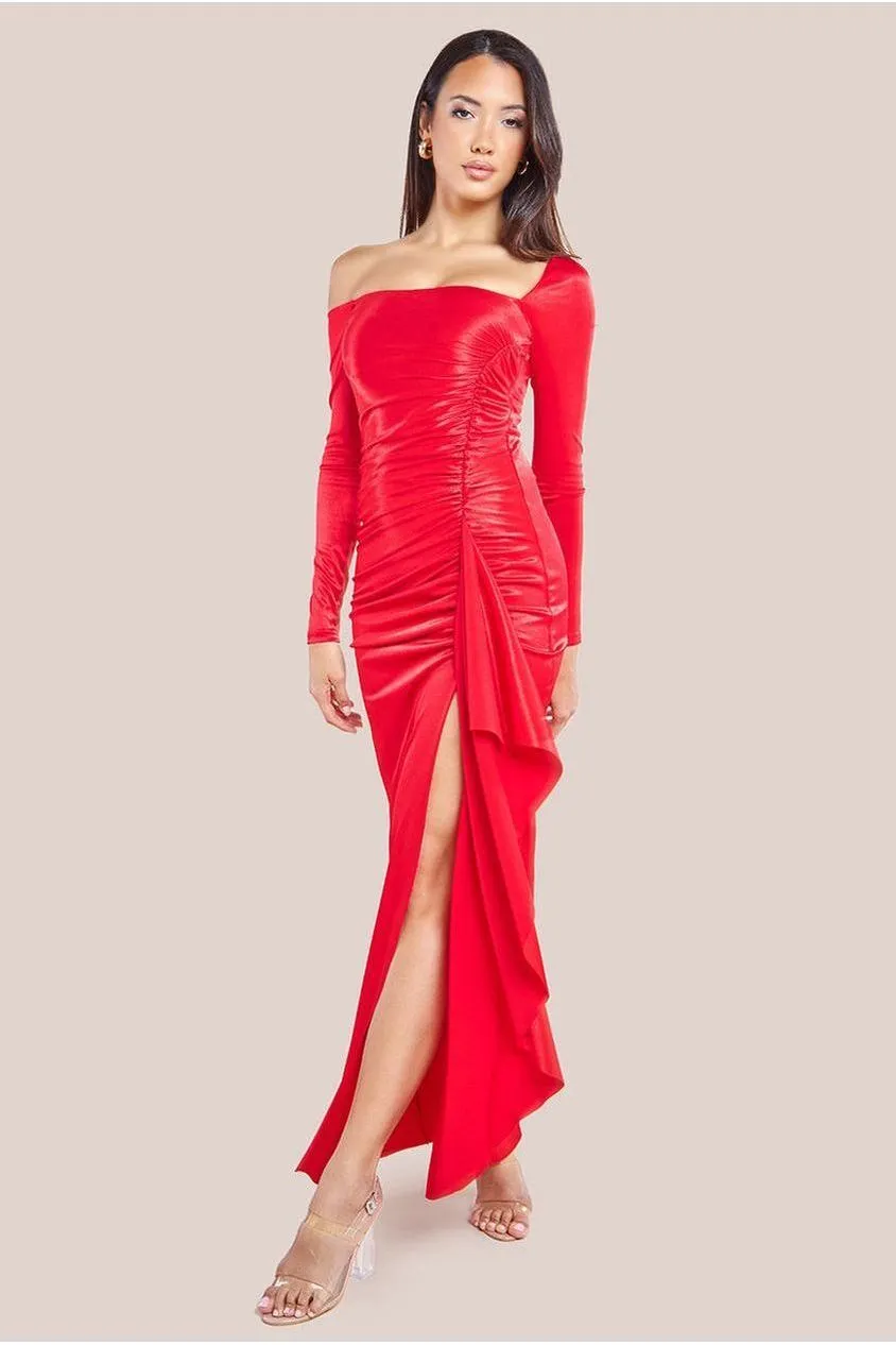 Goddiva Slinky Satin One Shoulder Split Maxi Dress - Red