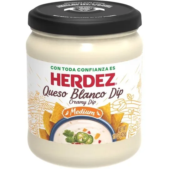 HERDEZ Queso Blanco Dip, Cheese Dip with Jalapenos, Shelf-Stable, Medium, 15oz Jar