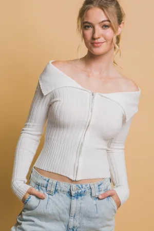 Hot Girl Bardot Contrast Ribbed Zippered Long Sleeve Top In White