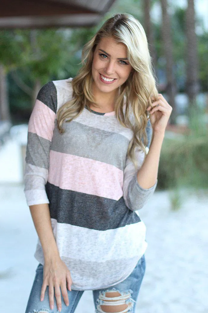 Ivory And Pink Color Block Top