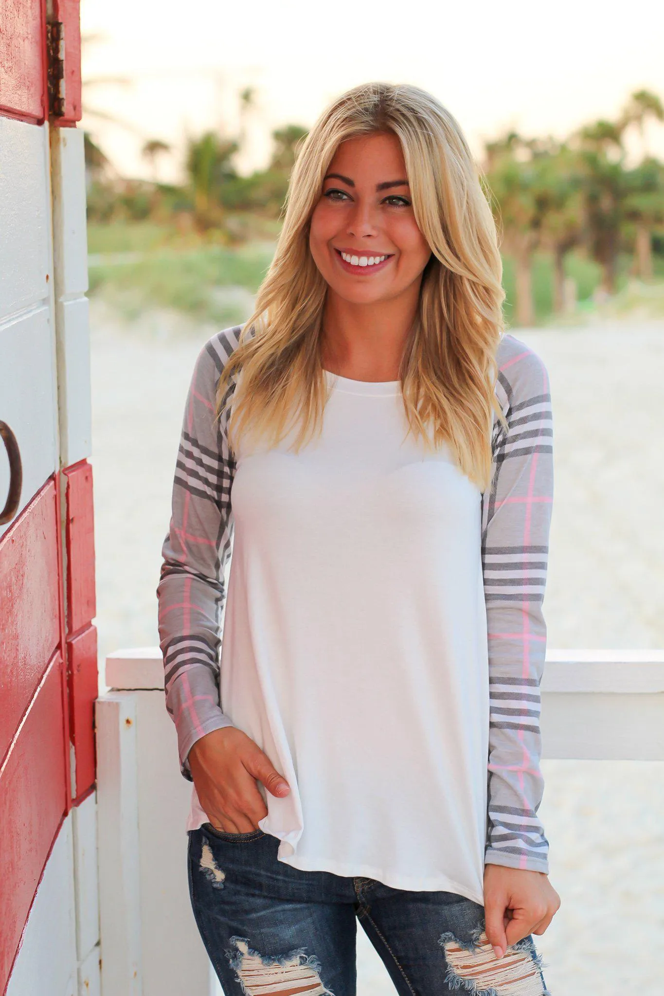 Ivory Top with Gray Plaid Sleeves