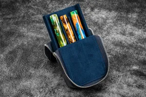 Leather Zippered Magnum Opus 3 Slots Hard Pen Case with Removable Pen Tray - Crazy Horse Navy Blue