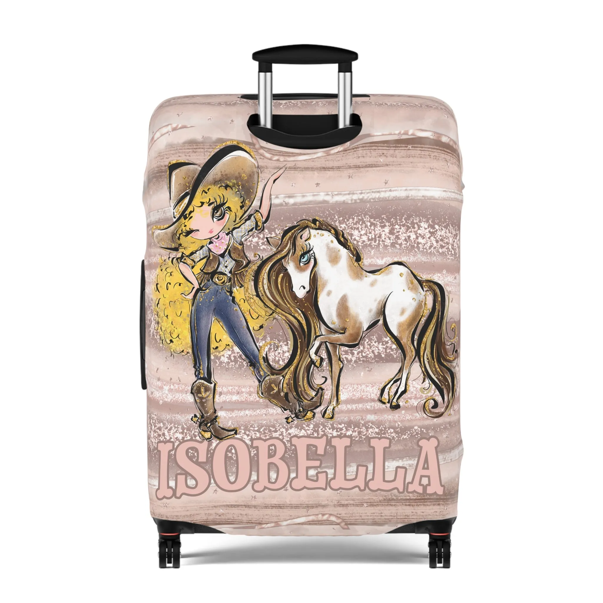 Luggage Cover, Howdy Cowgirl and Horse, Blonde Curly Hair Brown Eyes