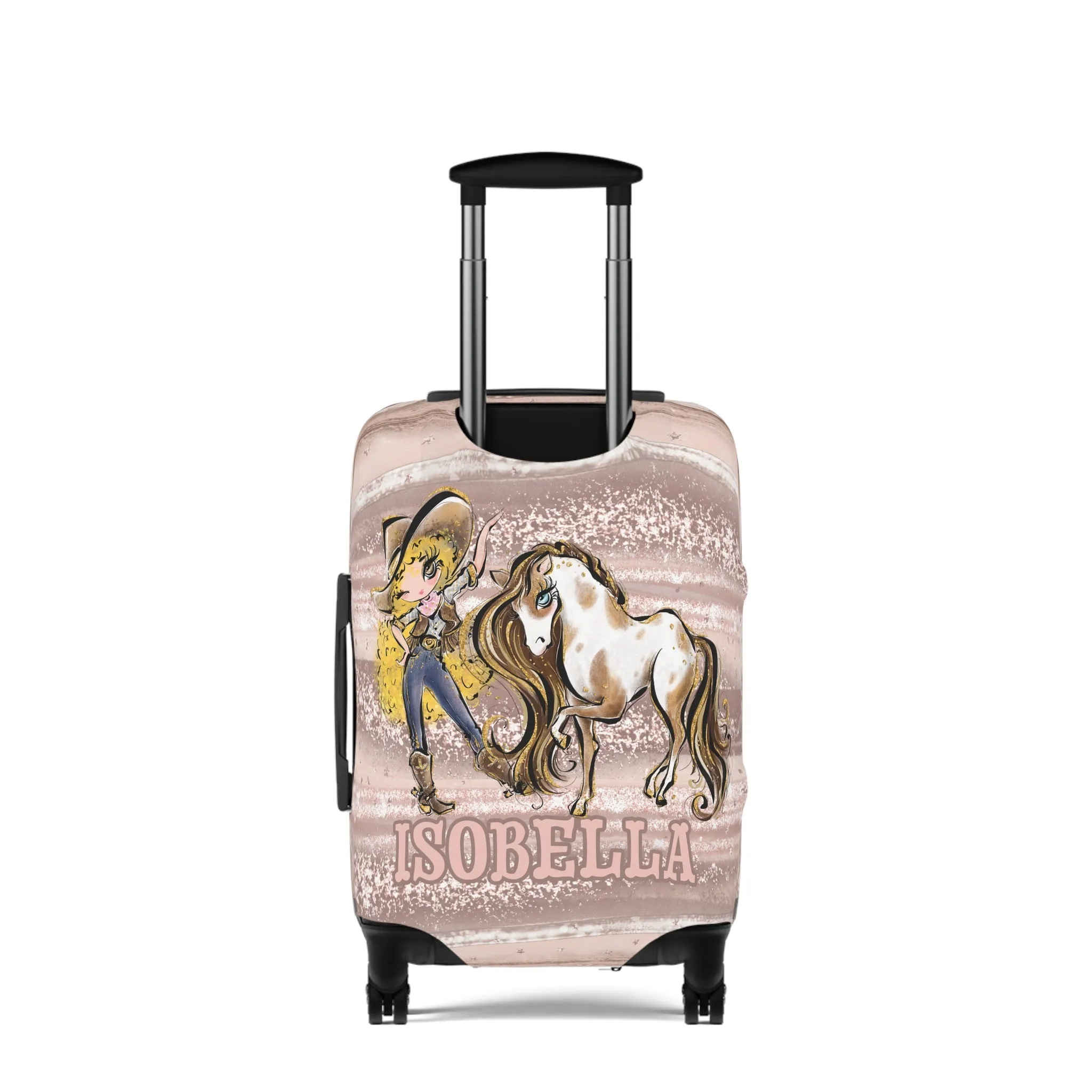 Luggage Cover, Howdy Cowgirl and Horse, Blonde Curly Hair Brown Eyes