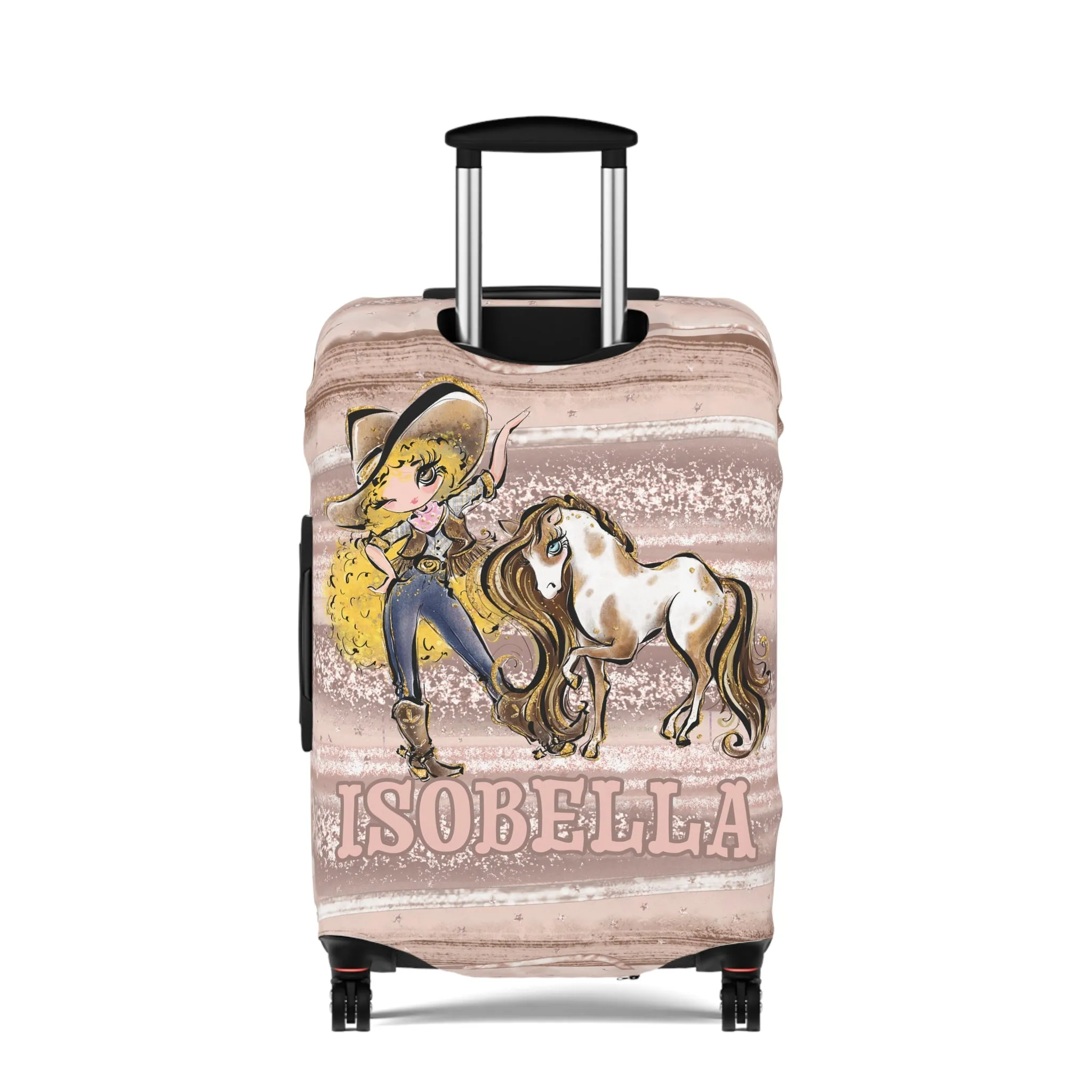 Luggage Cover, Howdy Cowgirl and Horse, Blonde Curly Hair Brown Eyes