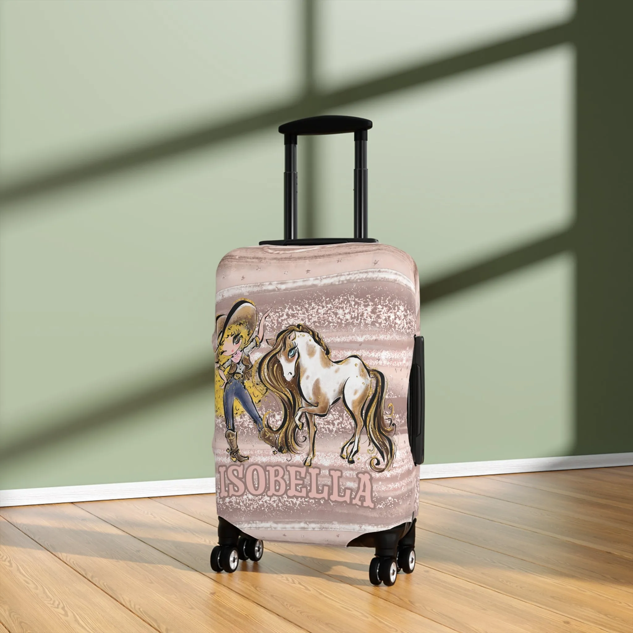 Luggage Cover, Howdy Cowgirl and Horse, Blonde Curly Hair Brown Eyes