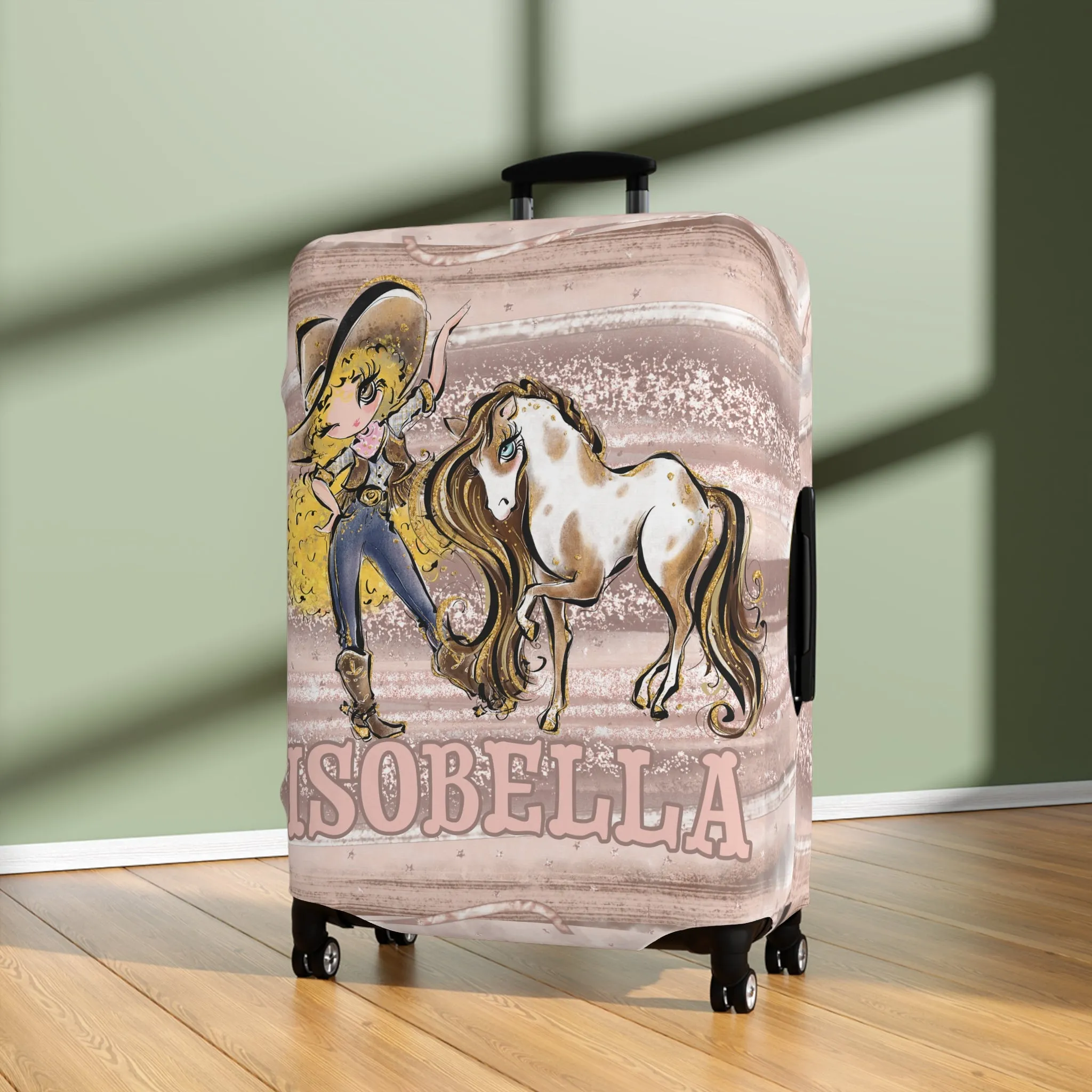 Luggage Cover, Howdy Cowgirl and Horse, Blonde Curly Hair Brown Eyes