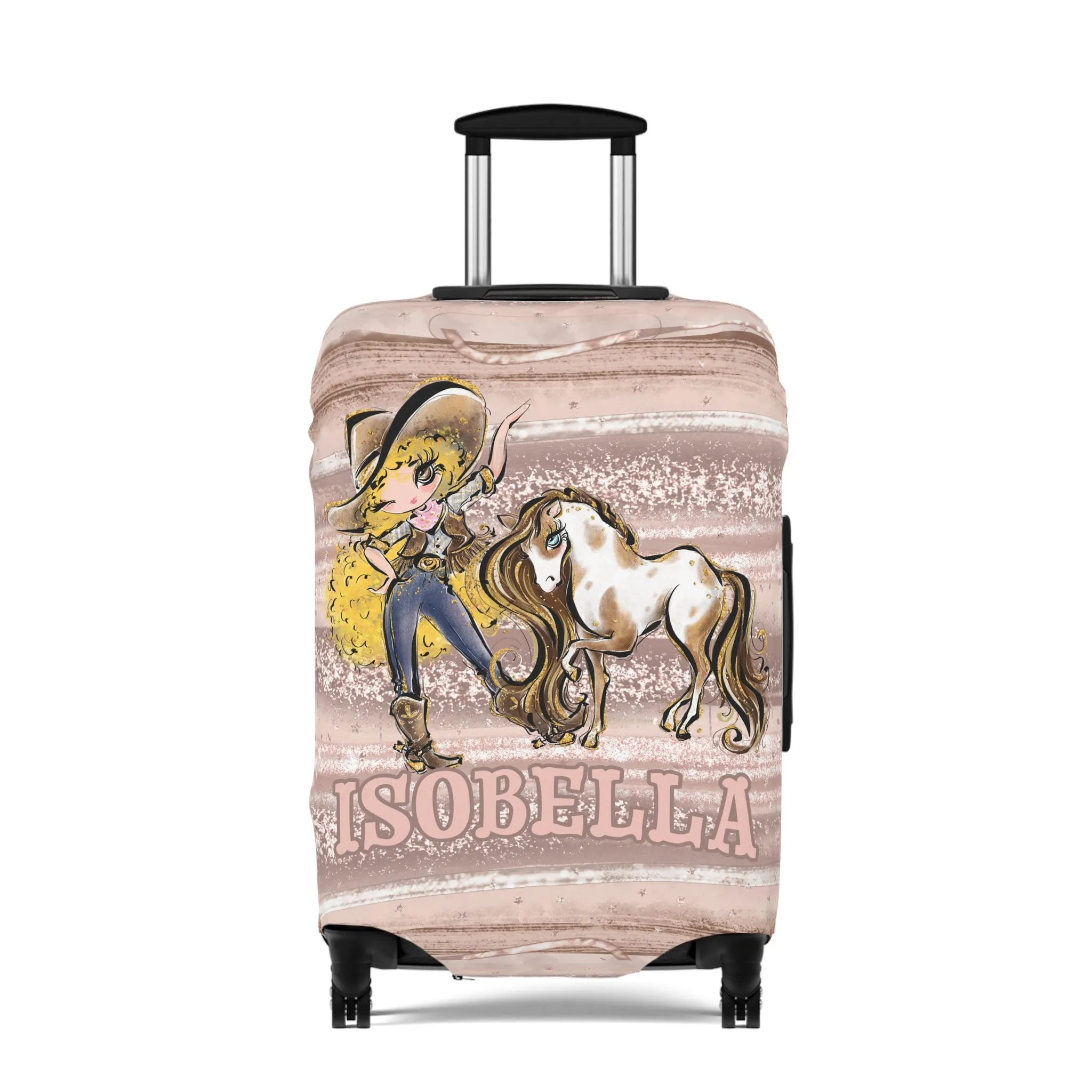 Luggage Cover, Howdy Cowgirl and Horse, Blonde Curly Hair Brown Eyes