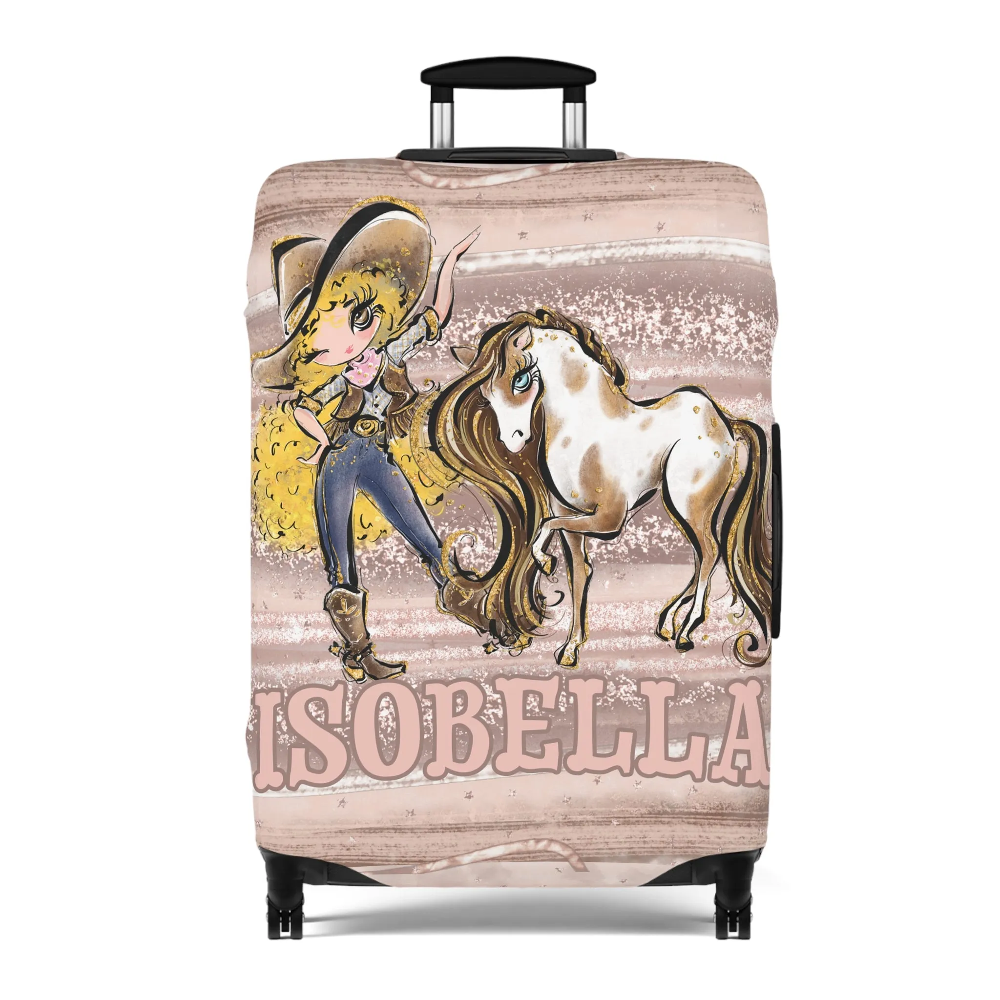 Luggage Cover, Howdy Cowgirl and Horse, Blonde Curly Hair Brown Eyes