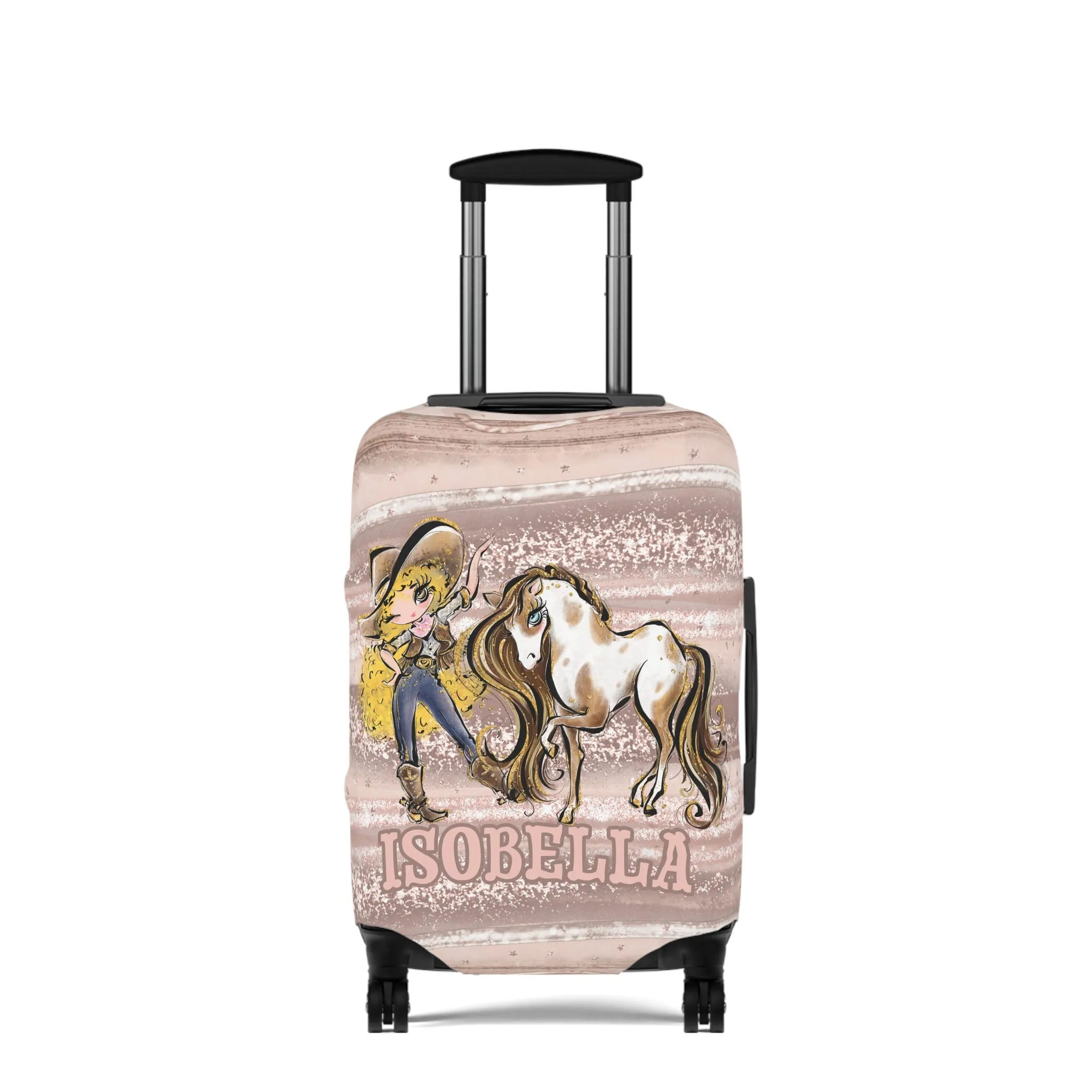 Luggage Cover, Howdy Cowgirl and Horse, Blonde Curly Hair Brown Eyes