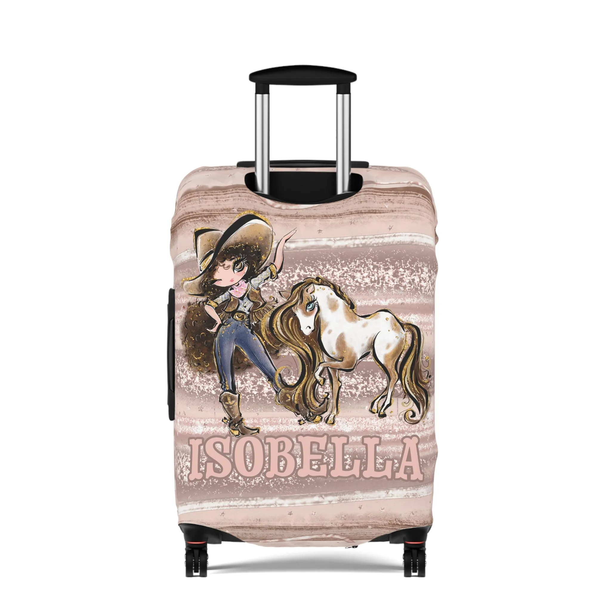 Luggage Cover, Howdy Cowgirl and Horse, Brunette Curly Hair Brown Eyes