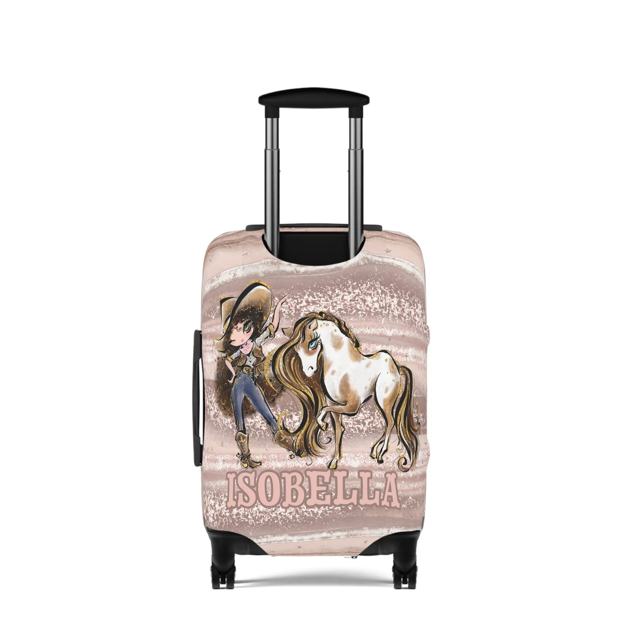 Luggage Cover, Howdy Cowgirl and Horse, Brunette Curly Hair Brown Eyes