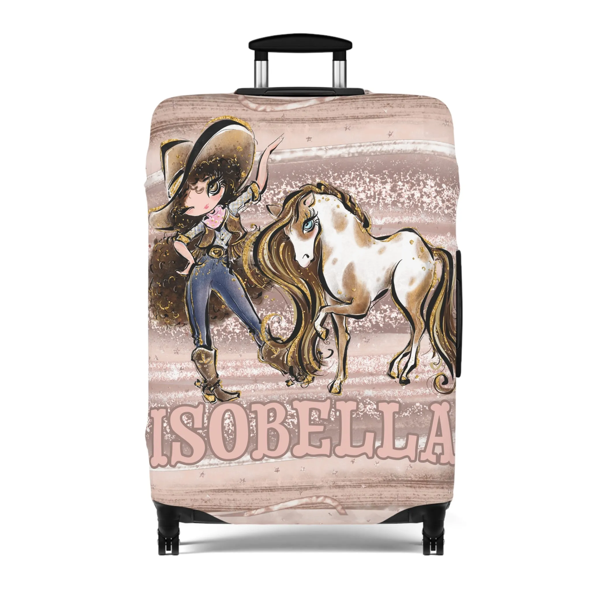 Luggage Cover, Howdy Cowgirl and Horse, Brunette Curly Hair Brown Eyes