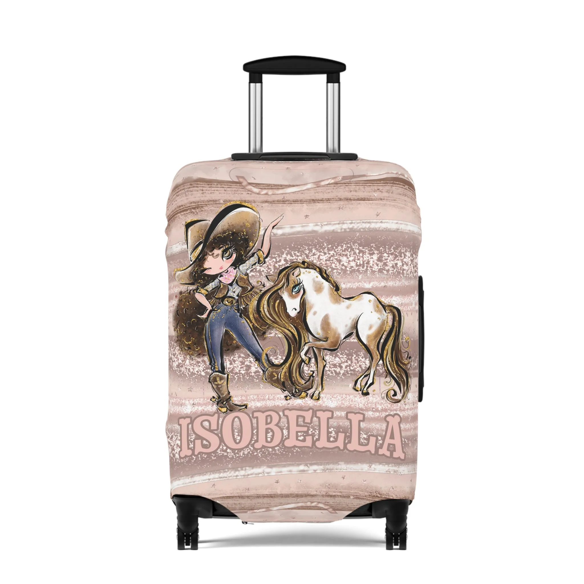 Luggage Cover, Howdy Cowgirl and Horse, Brunette Curly Hair Brown Eyes