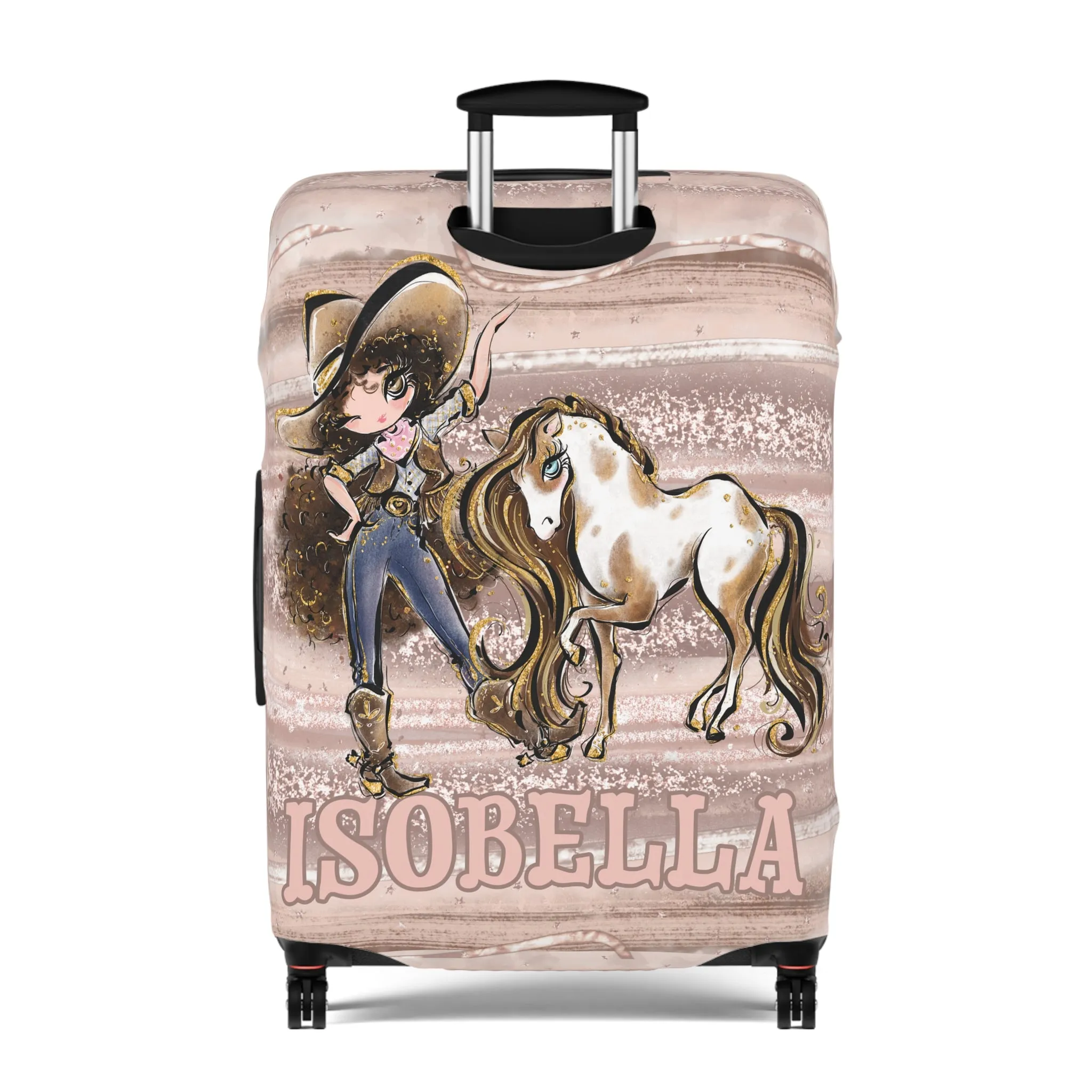 Luggage Cover, Howdy Cowgirl and Horse, Brunette Curly Hair Brown Eyes