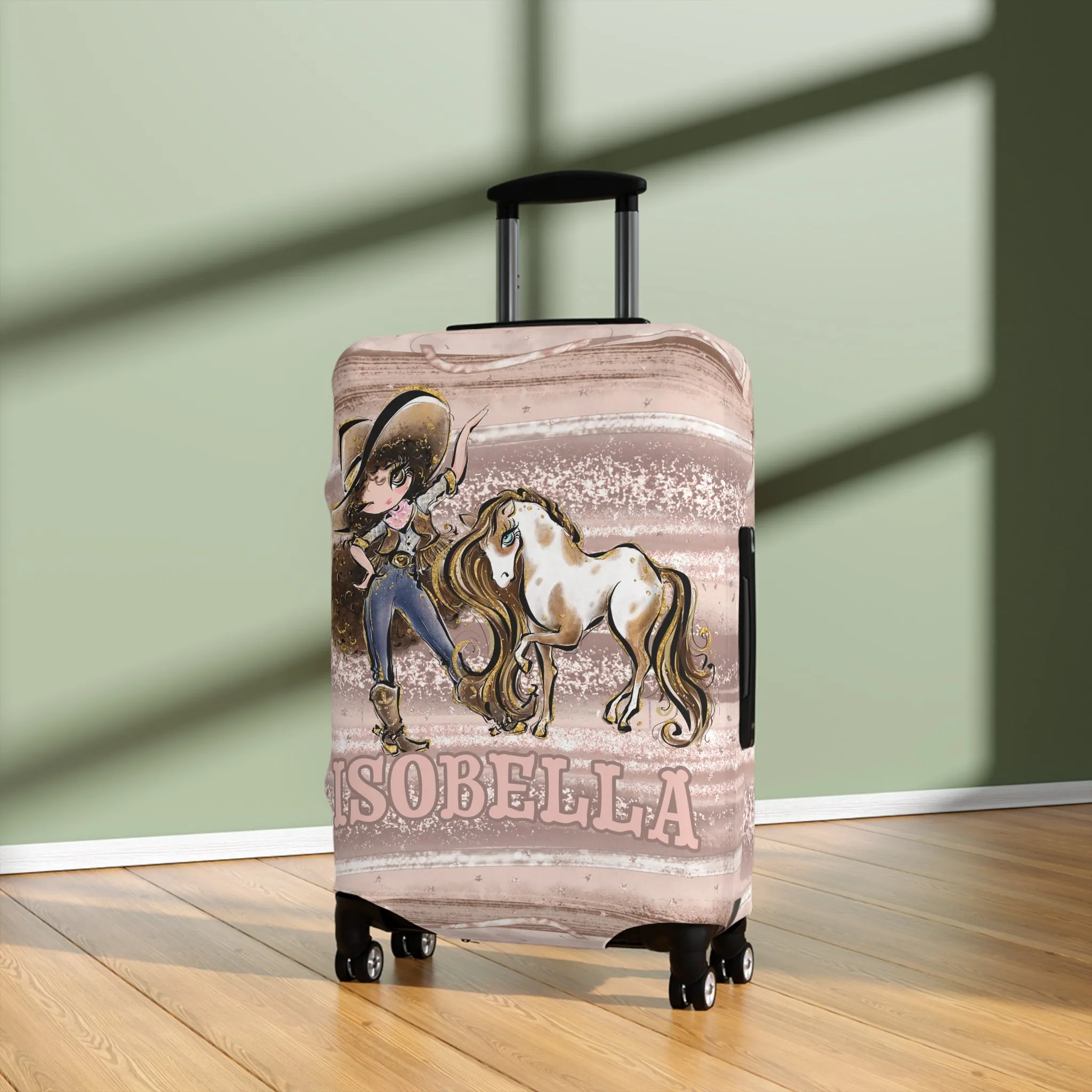 Luggage Cover, Howdy Cowgirl and Horse, Brunette Curly Hair Brown Eyes