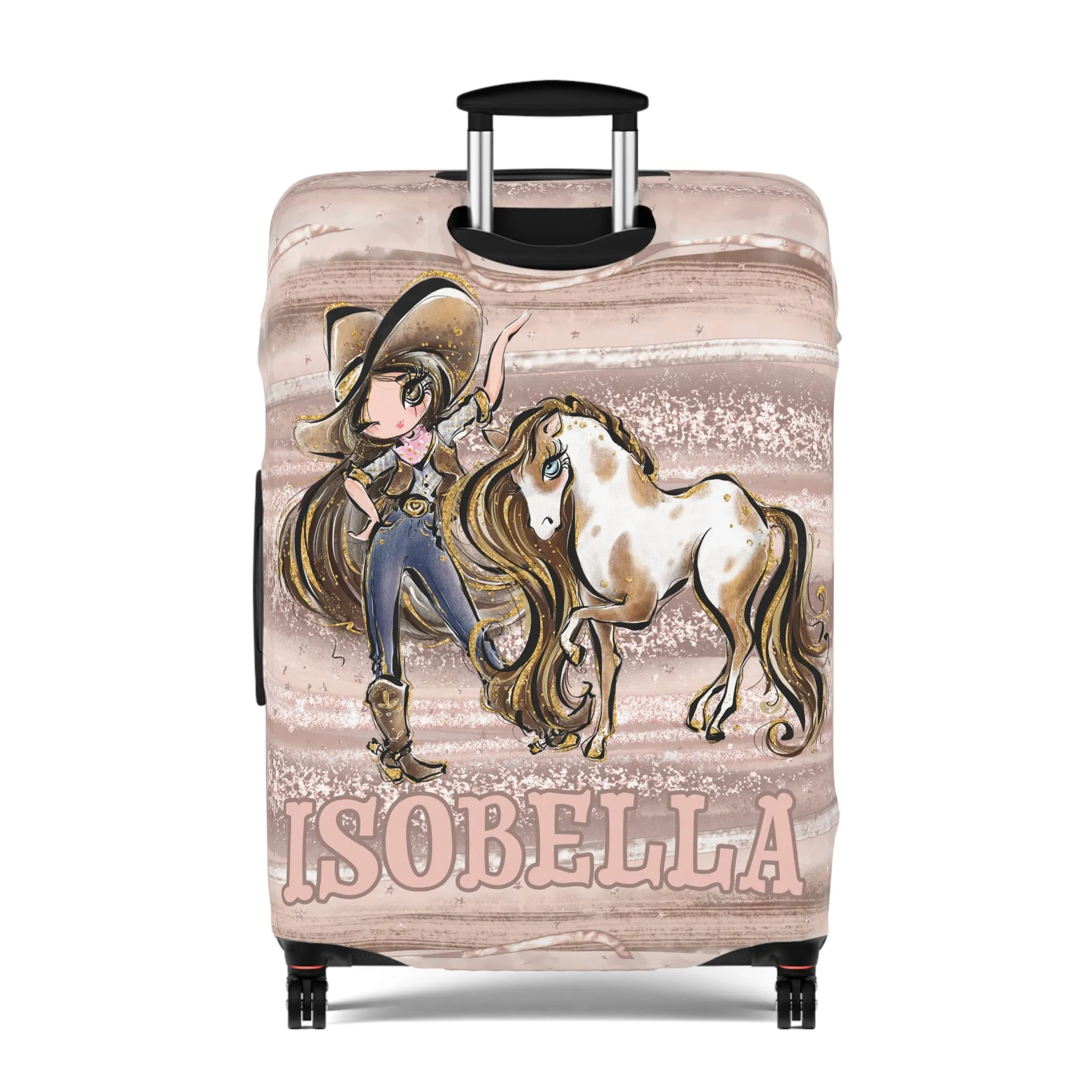 Luggage Cover, Howdy Cowgirl and Horse, Brunette Hair Brown Eyes